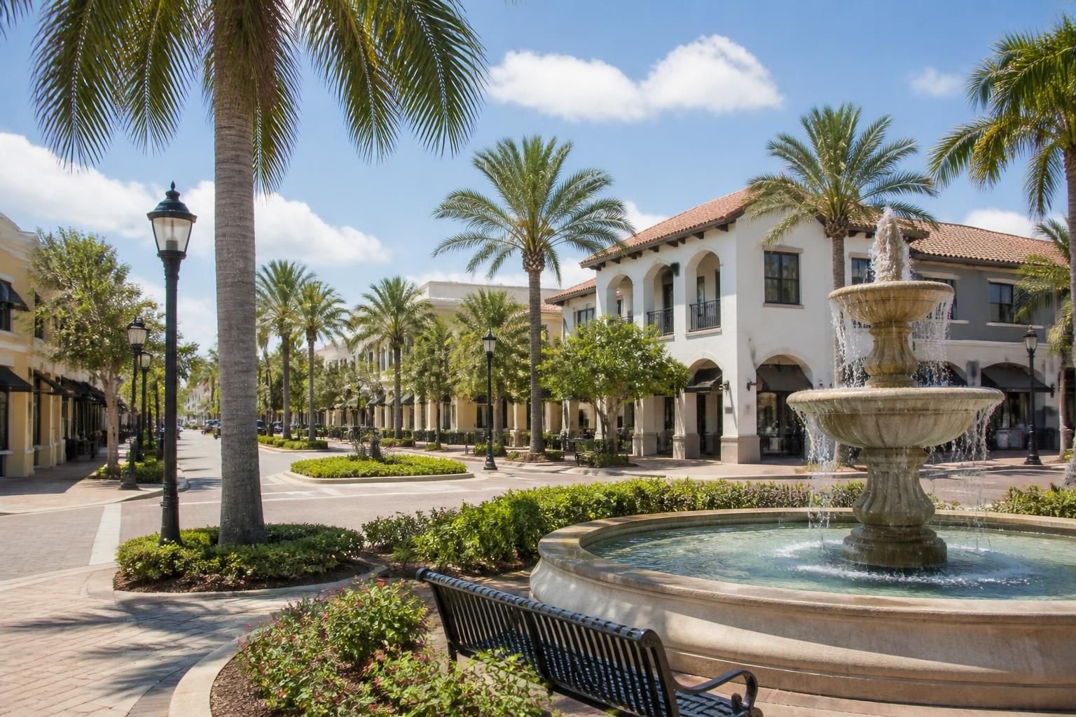 Town center with clean architecture and palm trees