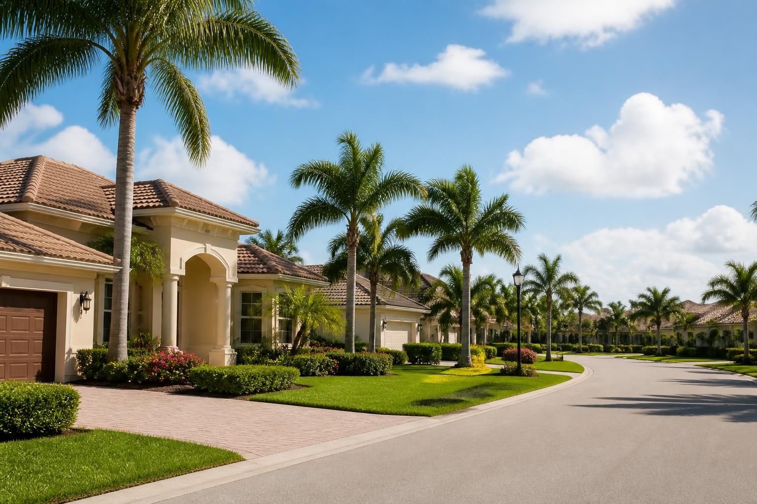Welcoming neighborhood with palm trees and tidy homes