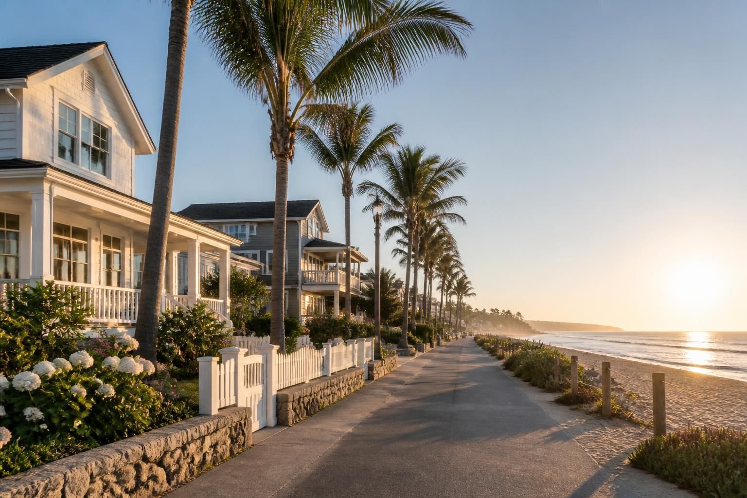 Beachfront streetscape with coastal homes and swaying palms