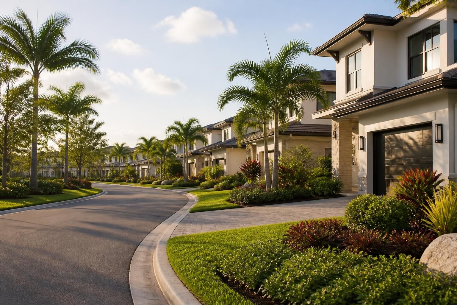 Master-planned community with modern homes and tropical landscaping
