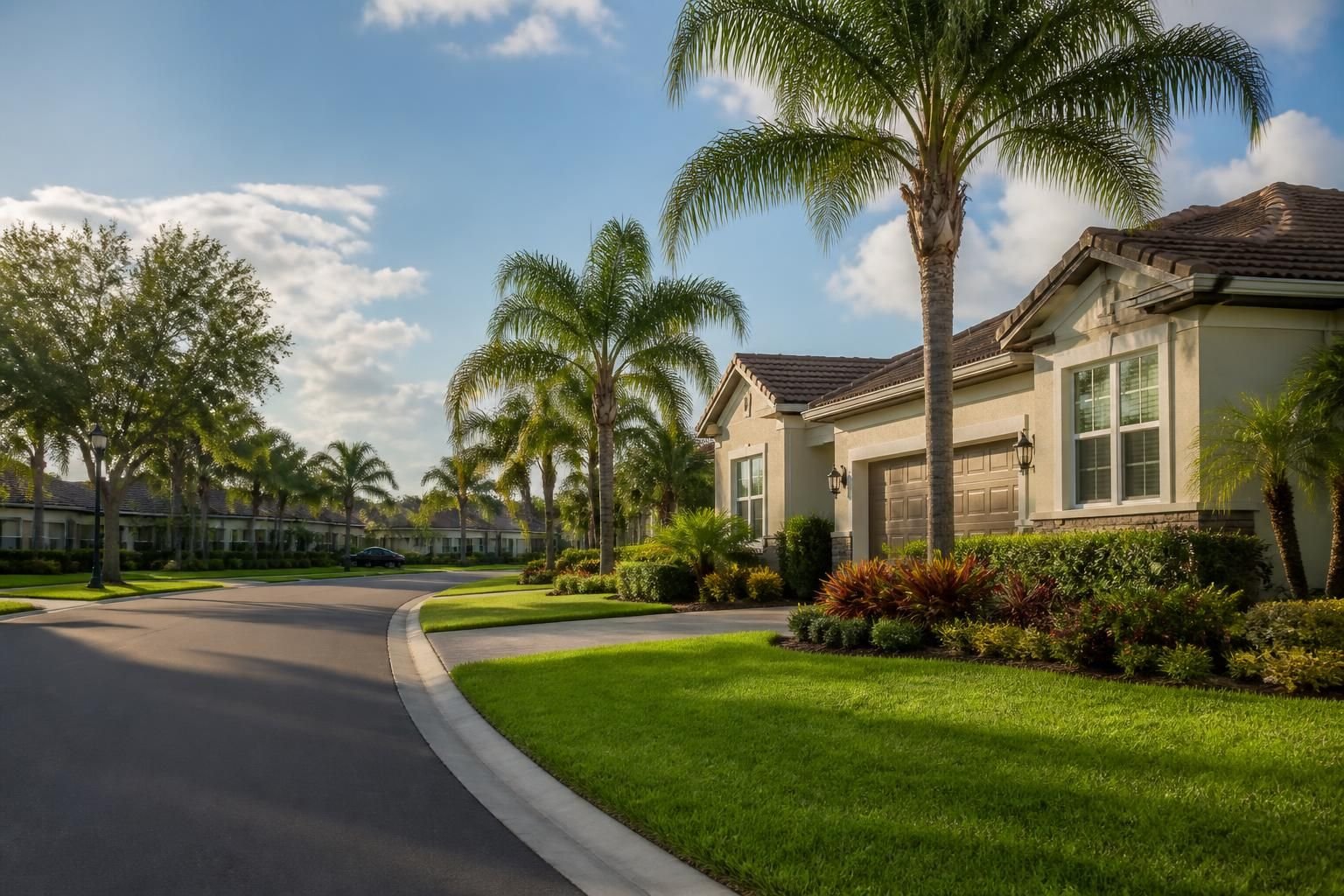 Suburban neighborhood with neat homes and manicured greenery