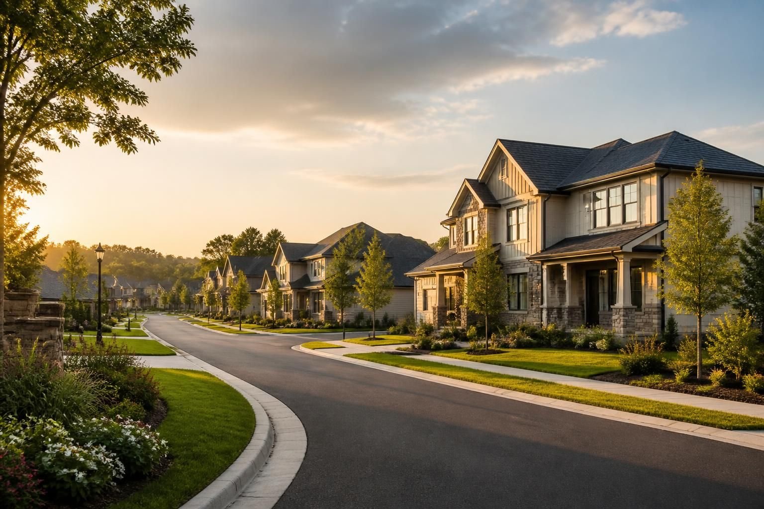 Planned community with landscaped streets and modern homes