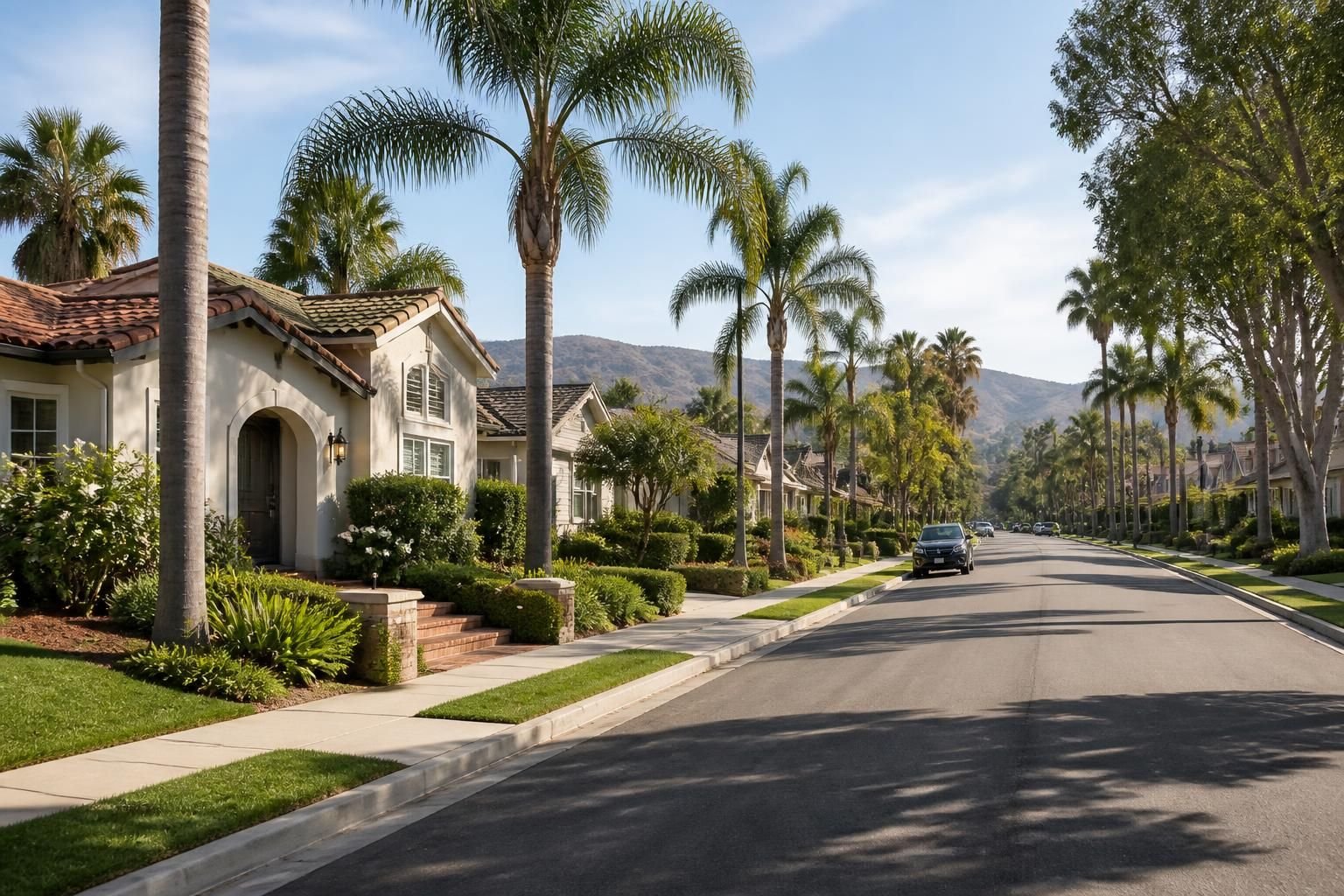 Palm-lined residential neighborhood with tidy houses