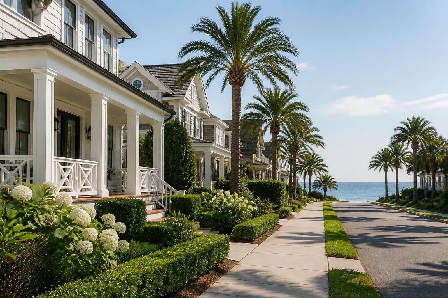 Coastal residential scene with elegant homes and palm landscaping