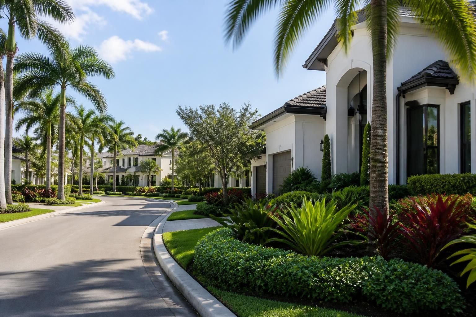 Upscale community scene with refined homes and tropical landscaping