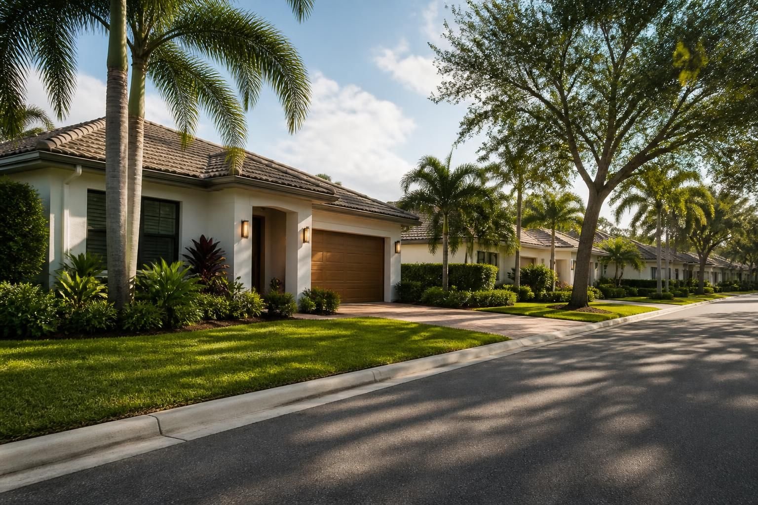Residential street with well-kept homes and tropical greenery