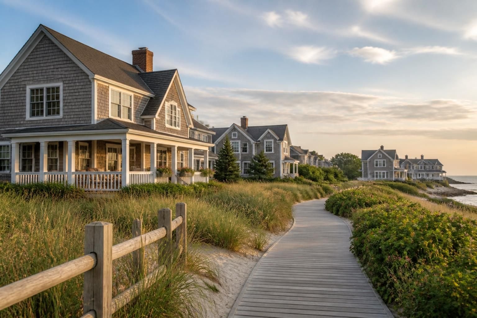 Island community with coastal homes and soft seaside light