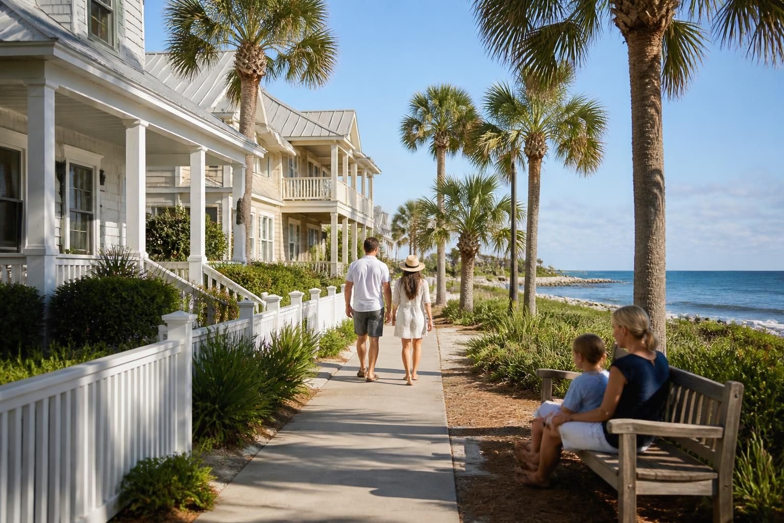 Beachside community with coastal architecture and palms