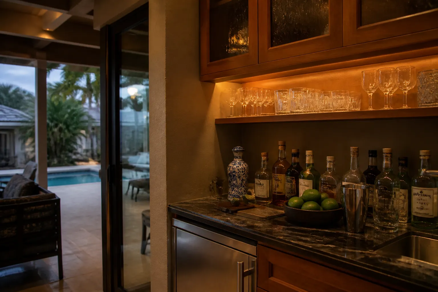 custom bar cabinets with glassware in a Bonita Springs home